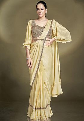 Yellow Embroidered Satin Saree Set