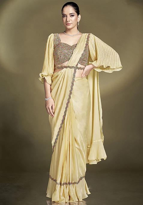 Yellow Embroidered Satin Saree Set
