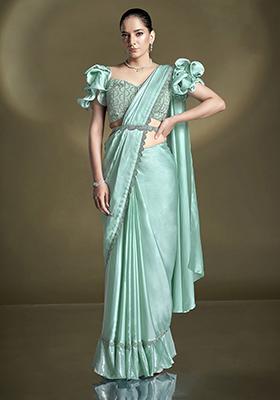Sea Green Embroidered Satin Saree Set