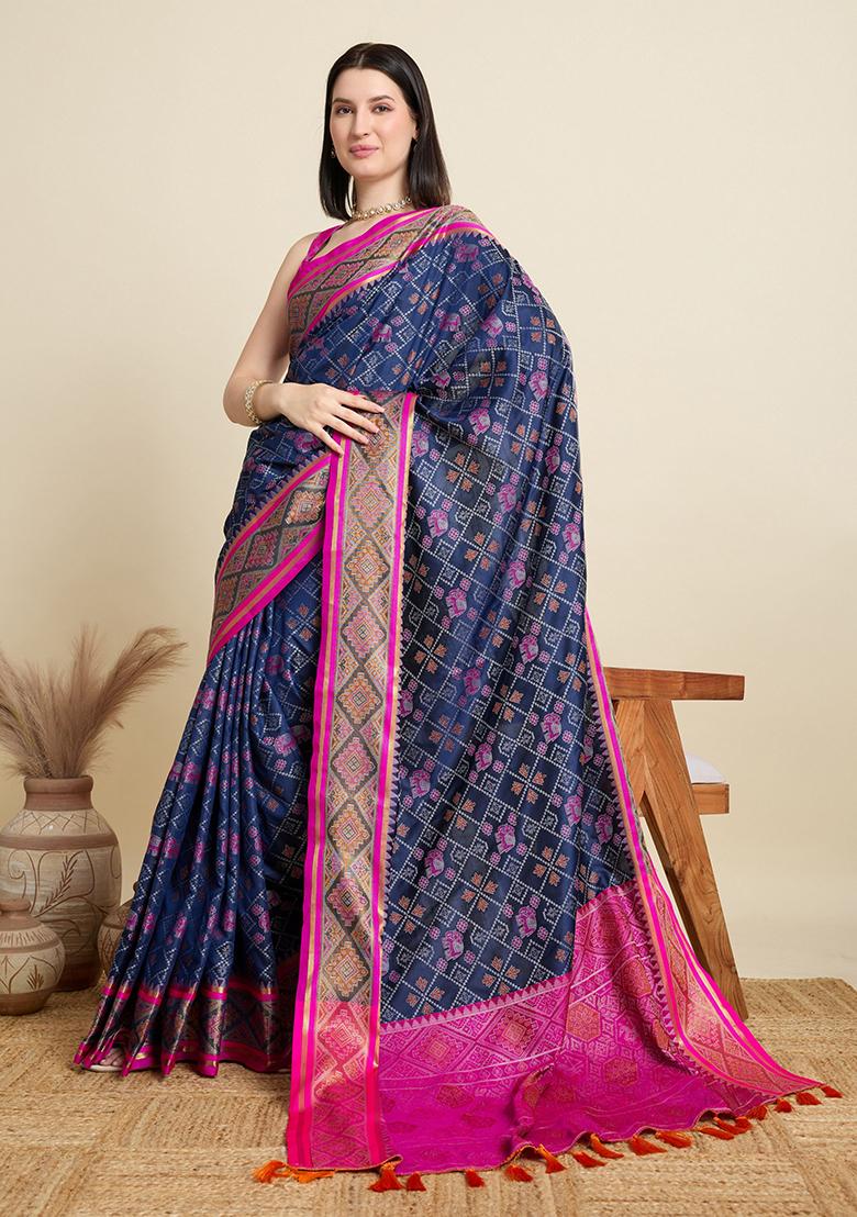 Blue Woven Silk Blend Saree Set