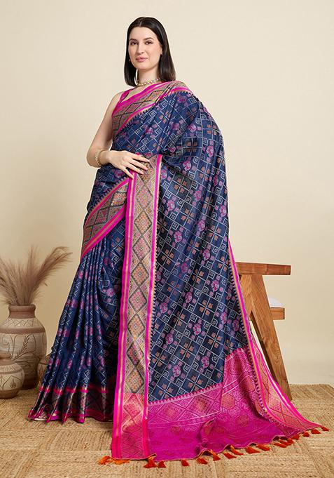 Blue Woven Silk Blend Saree Set