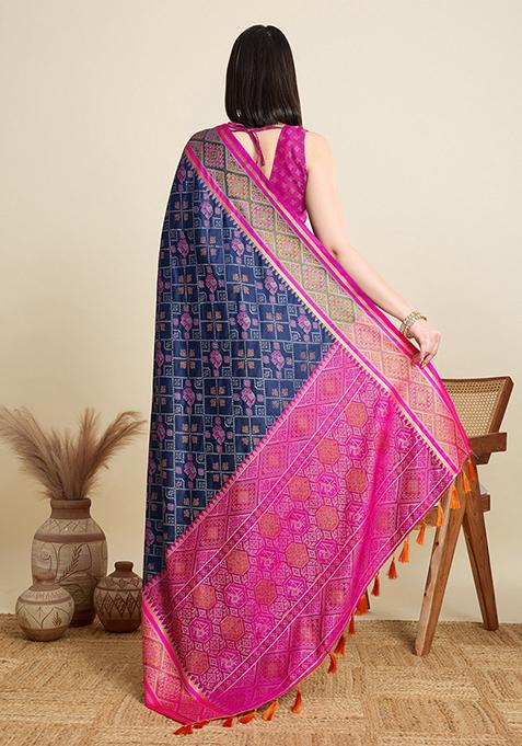 Blue Woven Silk Blend Saree Set