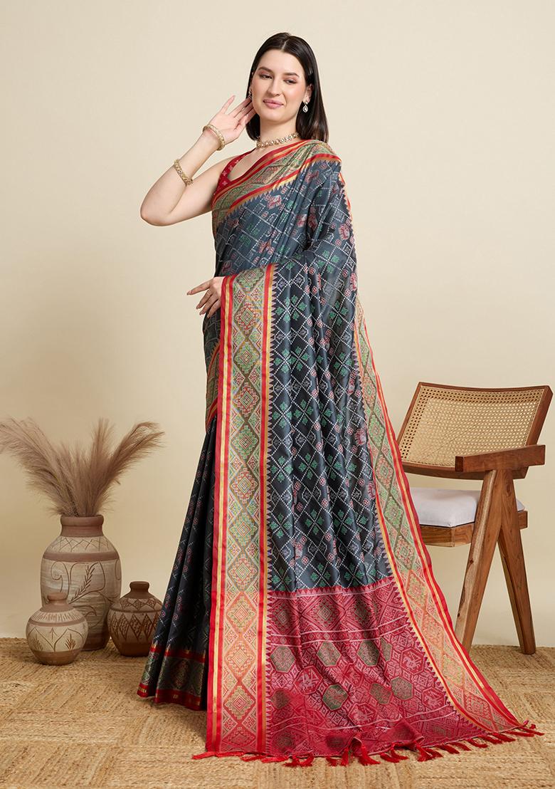 Black Woven Silk Blend Saree Set