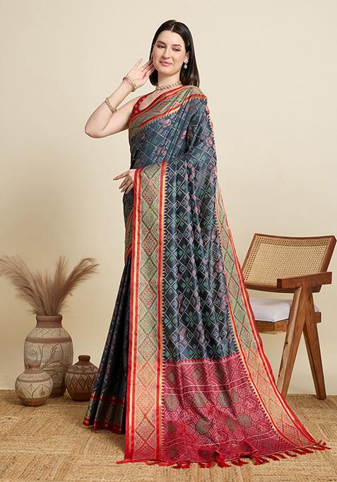 Black Woven Silk Blend Saree Set