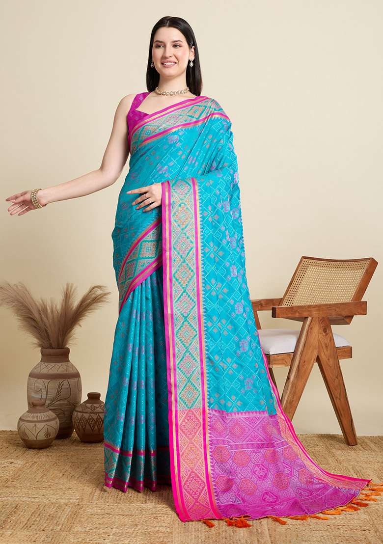 Sky Blue Woven Silk Blend Saree Set for Diwali | Wedding & Festive Wear - Indya