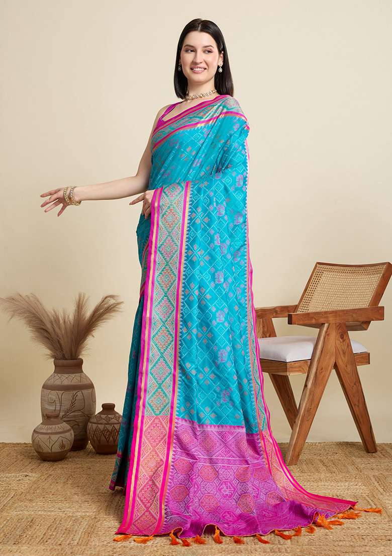 Sky Blue Woven Silk Blend Saree Set for Diwali | Wedding & Festive Wear - Indya