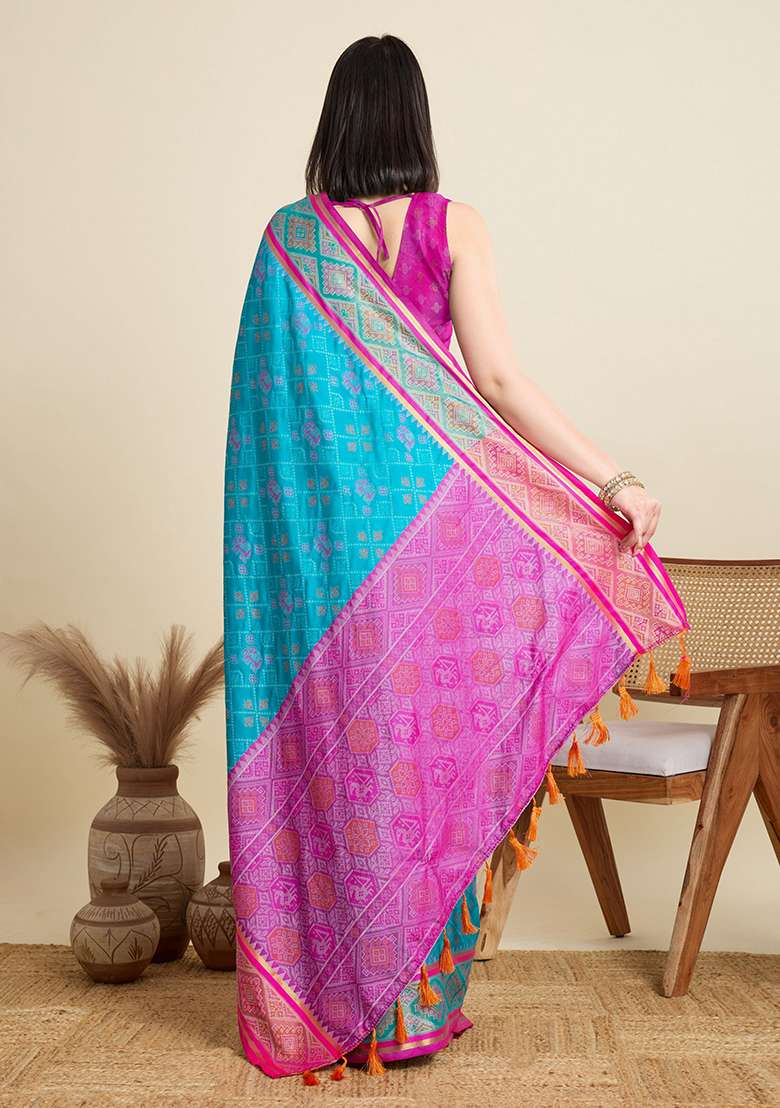 Sky Blue Woven Silk Blend Saree Set for Diwali | Wedding & Festive Wear - Indya