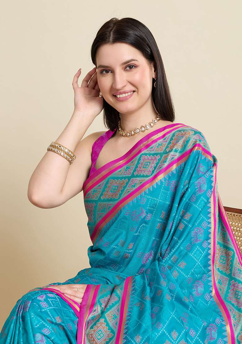 Sky Blue Woven Silk Blend Saree Set for Diwali | Wedding & Festive Wear - Indya
