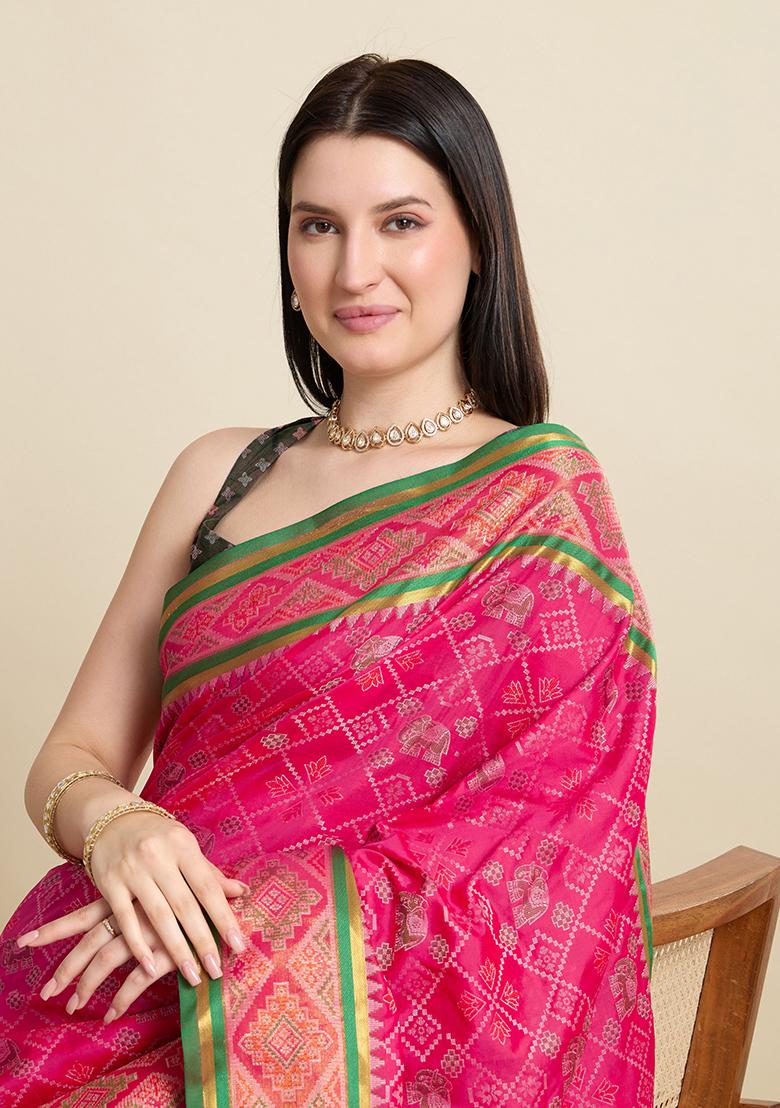 Pink Woven Silk Blend Saree Set