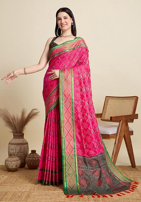 Pink Woven Silk Blend Saree Set