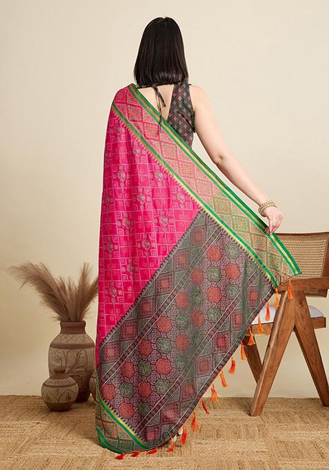 Pink Woven Silk Blend Saree Set