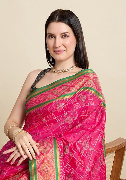 Pink Woven Silk Blend Saree Set