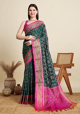 Green Woven Silk Blend Saree Set