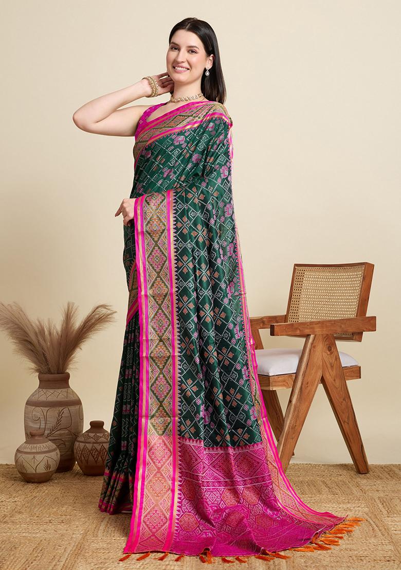 Green Woven Silk Blend Saree Set