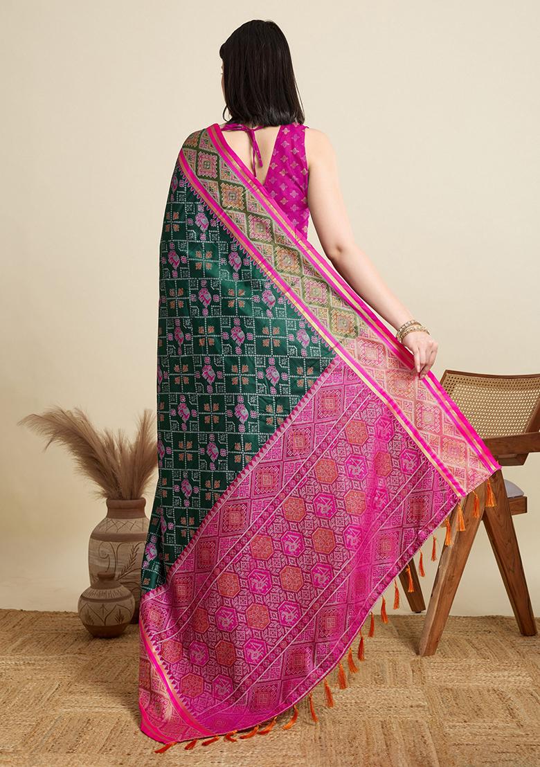 Green Woven Silk Blend Saree Set