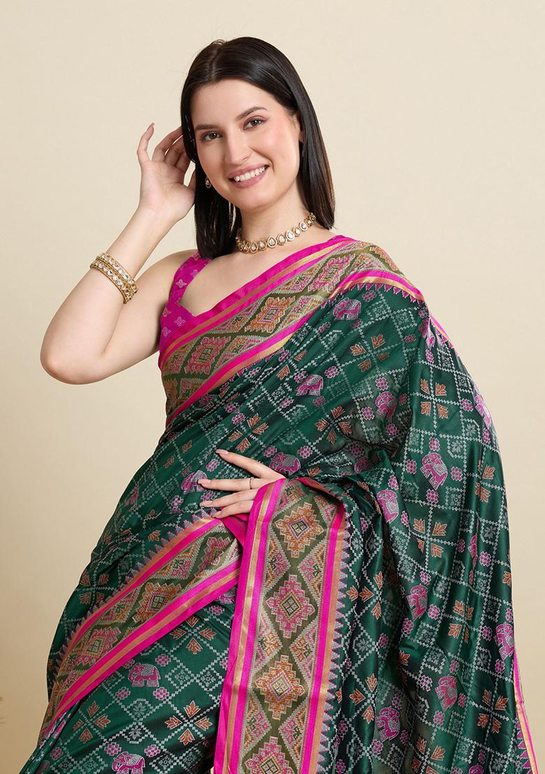 Green Woven Silk Blend Saree Set