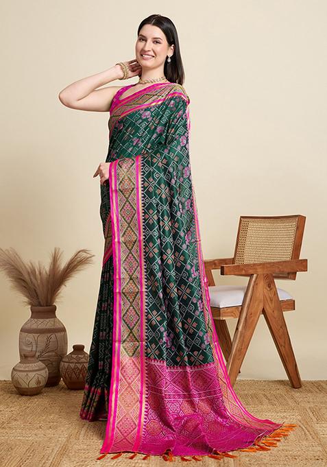Green Woven Silk Blend Saree Set