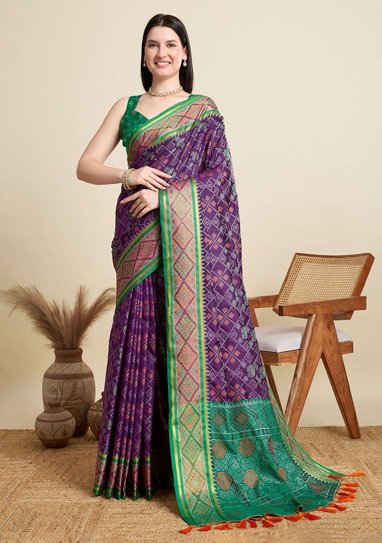 Purple Woven Silk Blend Saree Set for Diwali | Wedding & Festive Wear - Indya