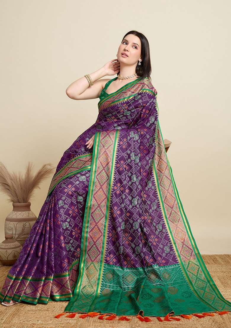Purple Woven Silk Blend Saree Set for Diwali | Wedding & Festive Wear - Indya
