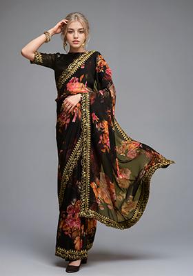 Black Embroidered Faux Georgette Saree Set