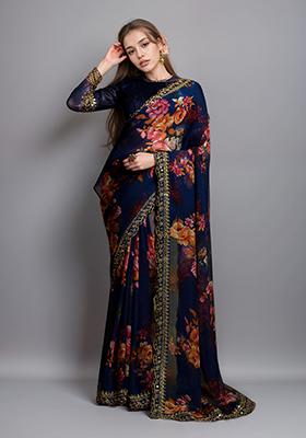 Blue Embroidered Faux Georgette Saree Set