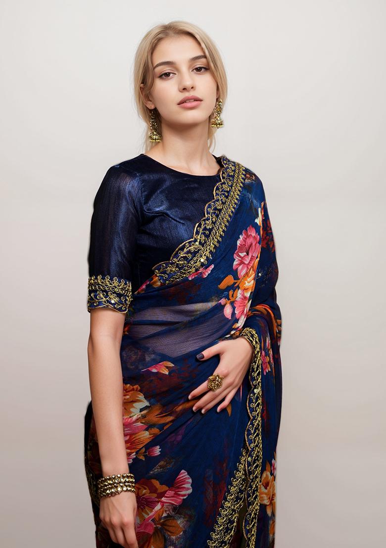 Blue Embroidered Faux Georgette Saree Set - Indya