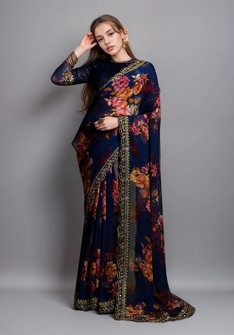 Blue Embroidered Faux Georgette Saree Set