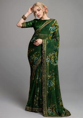 Green Embroidered Faux Georgette Saree Set
