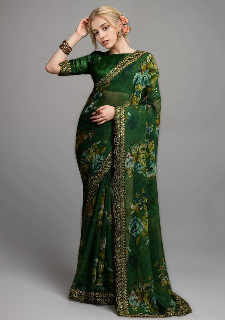 Green Embroidered Faux Georgette Saree Set