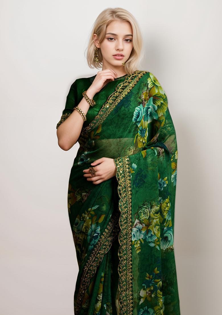 Green Embroidered Faux Georgette Saree Set