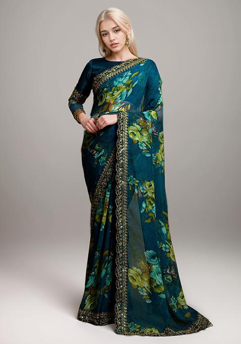 Blue Embroidered Faux Georgette Saree Set