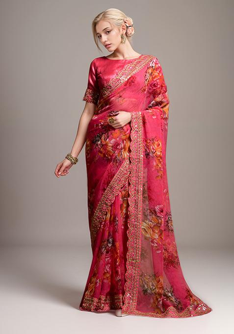 Pink Embroidered Faux Georgette Saree Set