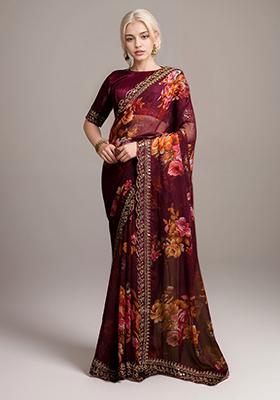 Wine Embroidered Faux Georgette Saree Set