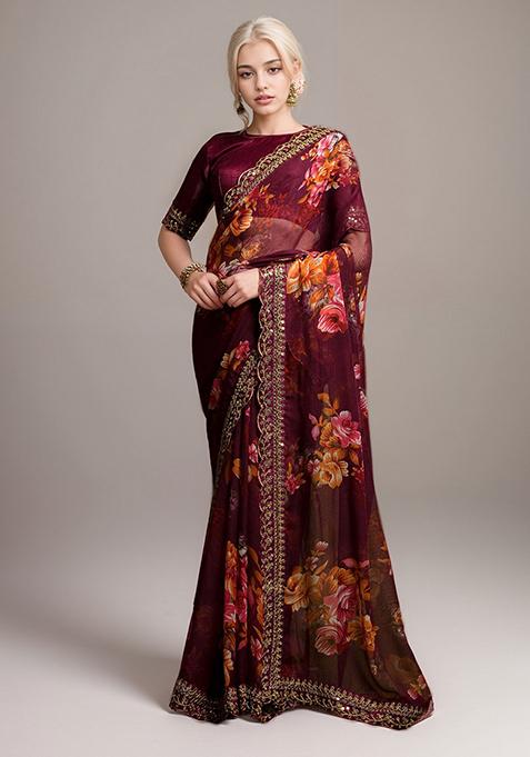Wine Embroidered Faux Georgette Saree Set