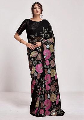 Black Embroidered Faux Georgette Saree Set