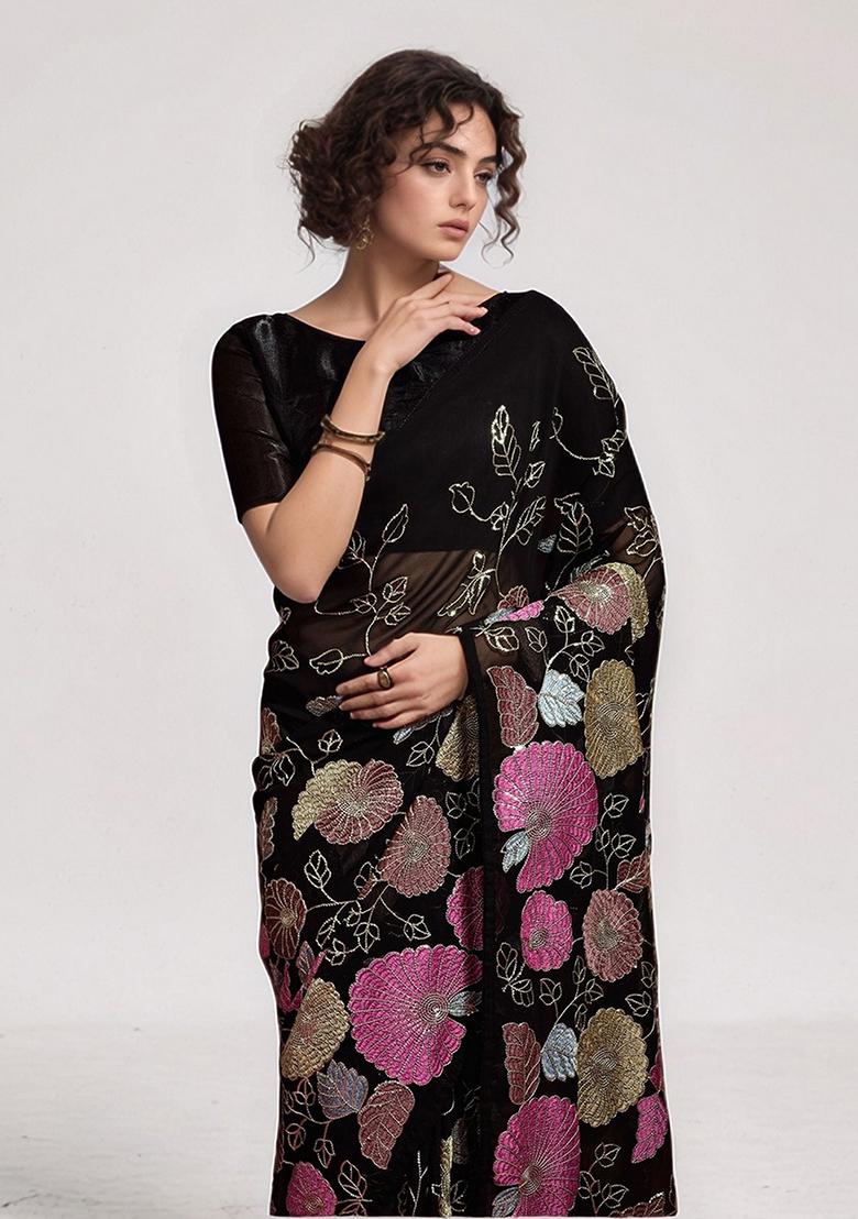 Black Embroidered Faux Georgette Saree Set - Indya