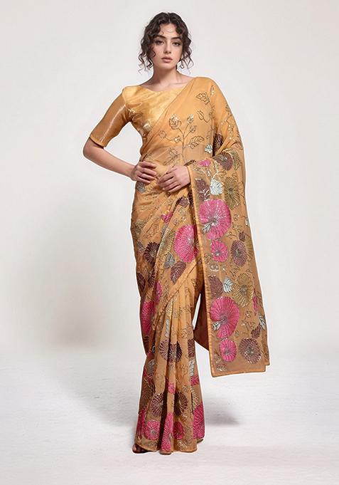 Brown Embroidered Faux Georgette Saree Set