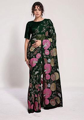 Green Embroidered Faux Georgette Saree Set