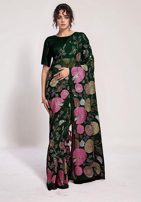 Green Embroidered Faux Georgette Saree Set