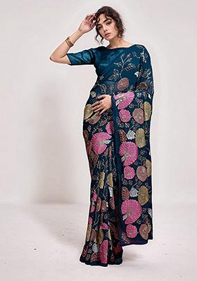 Blue Embroidered Faux Georgette Saree Set