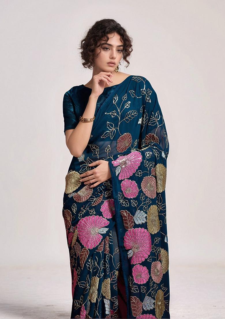 Blue Embroidered Faux Georgette Saree Set - Indya
