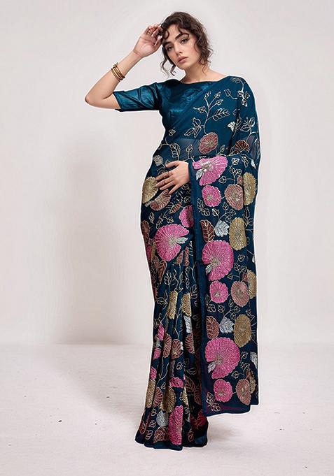 Blue Embroidered Faux Georgette Saree Set