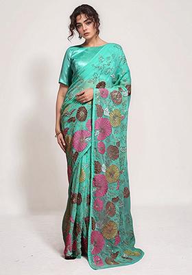 Sea Green Embroidered Faux Georgette Saree Set