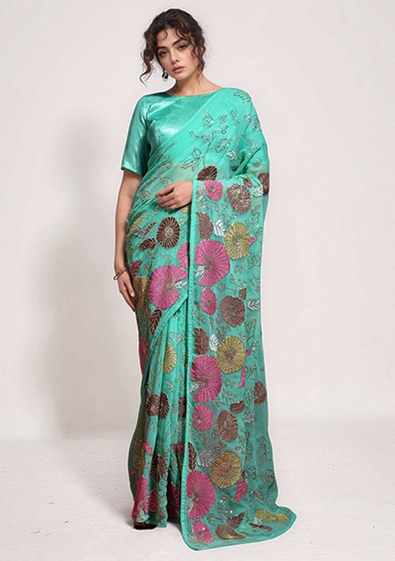 Sea Green Faux Georgette Saree Set with Embroidered for Diwali | Wedding & Festive Wear - Indya