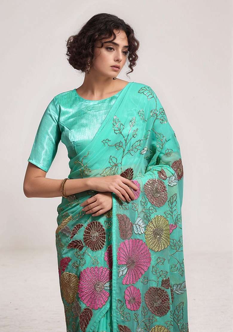 Sea Green Faux Georgette Saree Set with Embroidered for Diwali | Wedding & Festive Wear - Indya