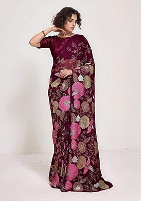 Wine Embroidered Faux Georgette Saree Set