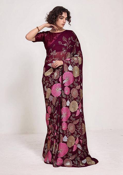 Wine Embroidered Faux Georgette Saree Set