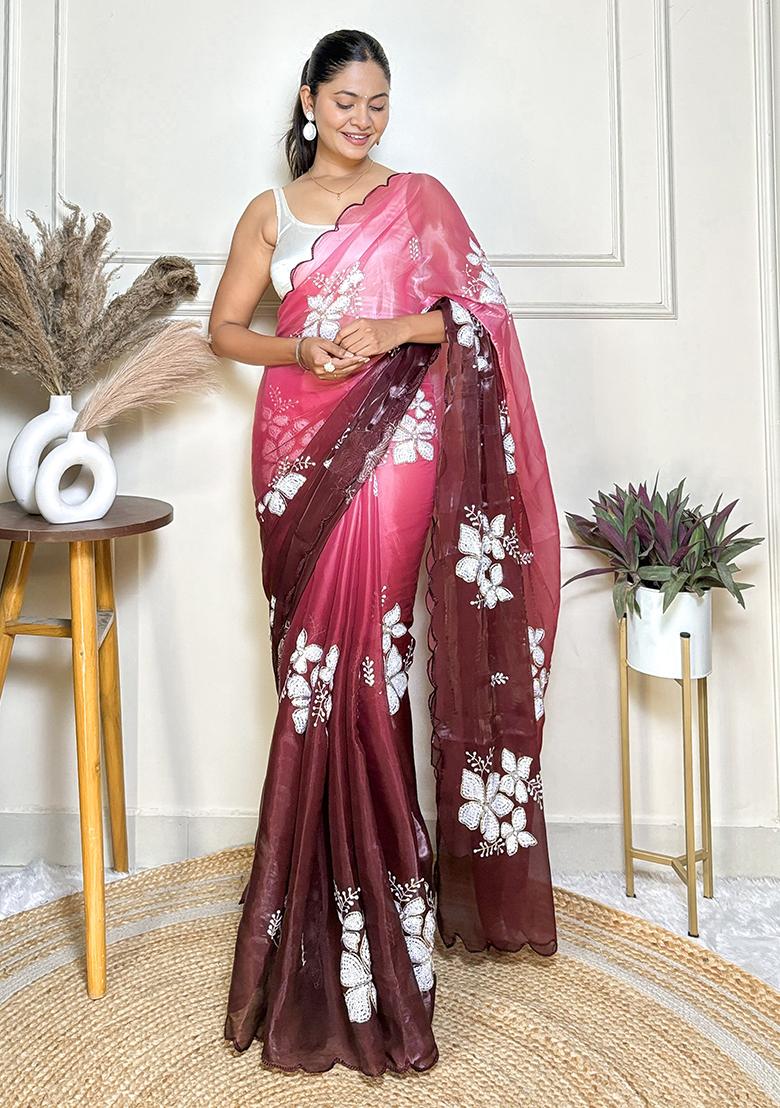 Maroon Embroidered Chiffon Saree Set