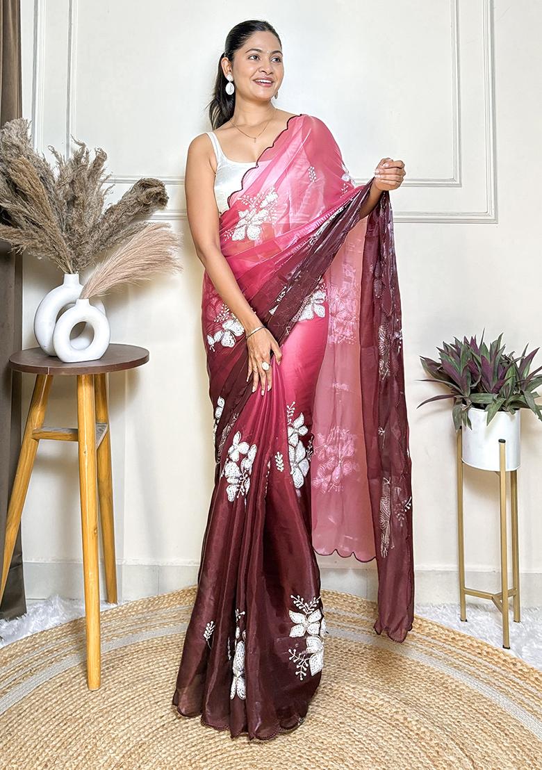 Maroon Embroidered Chiffon Saree Set