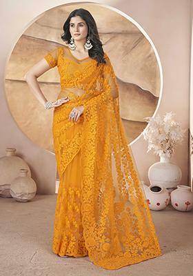 Yellow Embroidered Net Saree Set